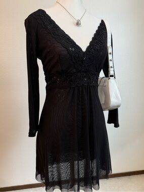 Y2K ‘06 Express Beaded Mesh Mini Dress Whimsygoth Fairy Grunge